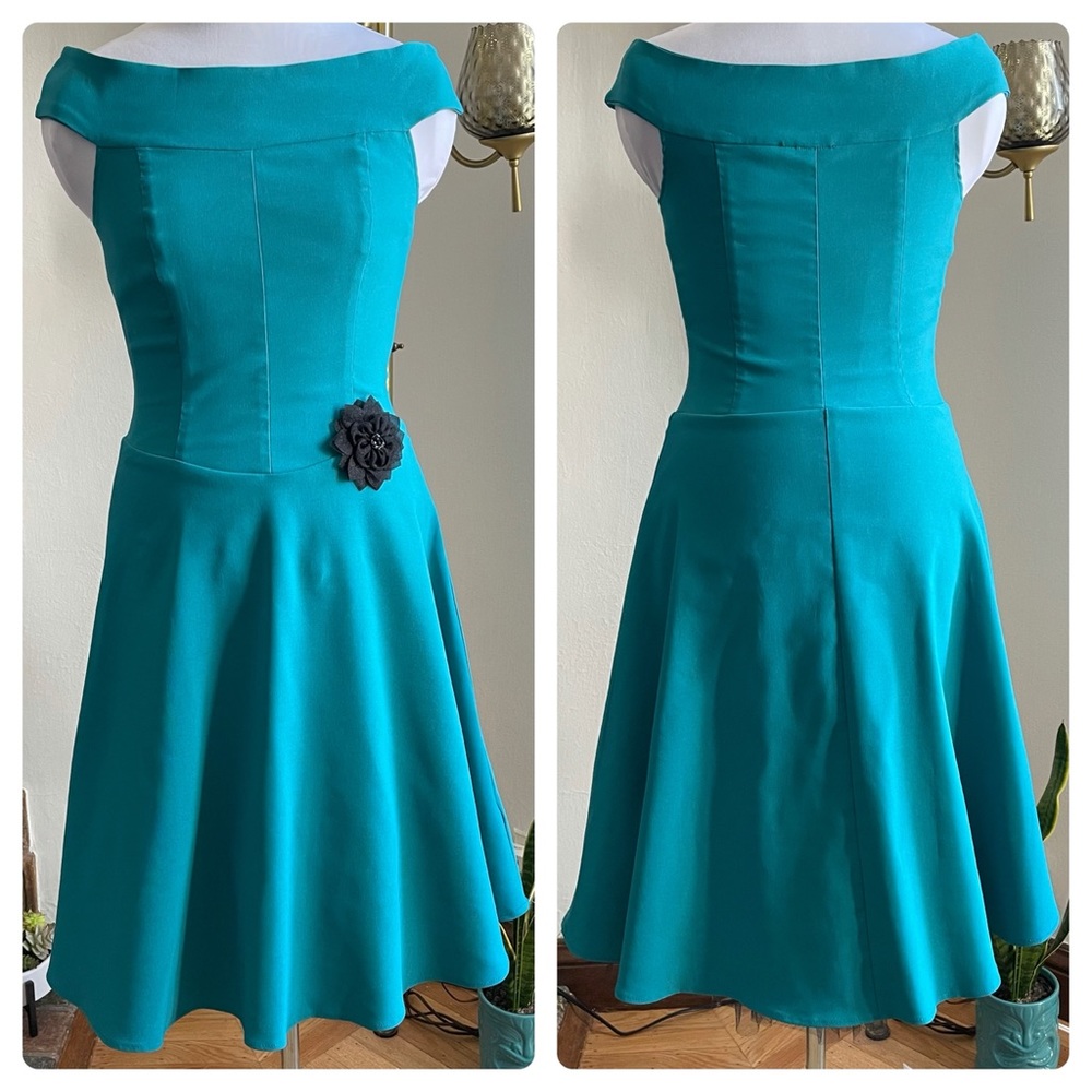 Teal off-shoulder dancing dress with crinoline